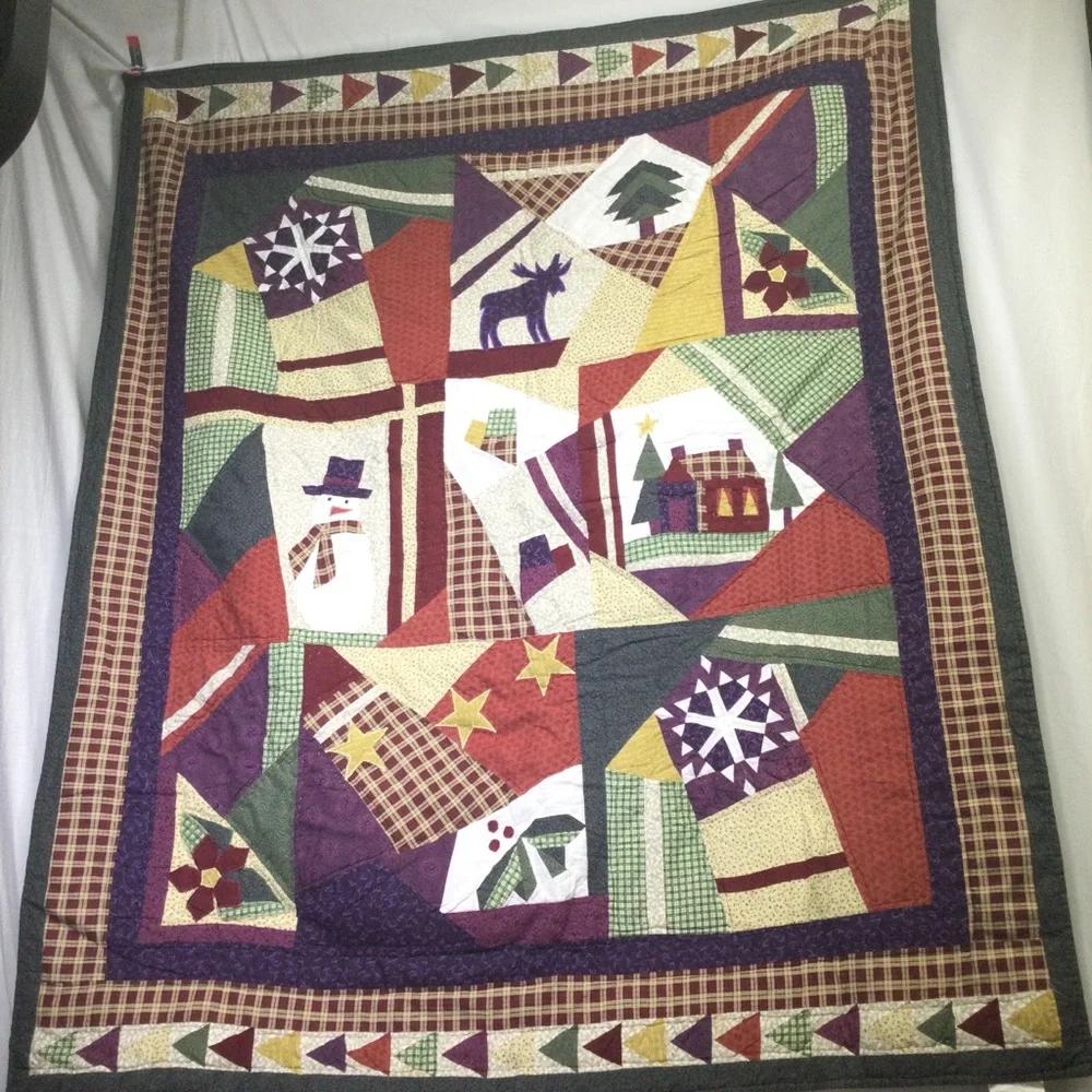 Vintage Colorful Patchwork Quilt with Holiday Motifs Blanket 50x60